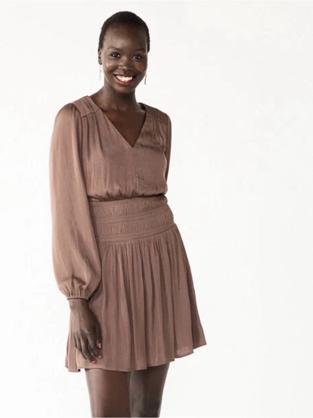 Nine West Brown Satin Smocked Waist V-Neck Long Sleeve Mini Dress M Lined
